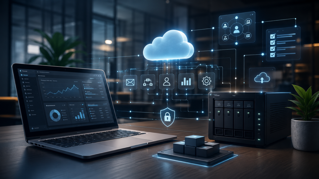 A modern IT environment where a laptop, a server, cloud services, automations, and cybersecurity form a cohesive digital whole.