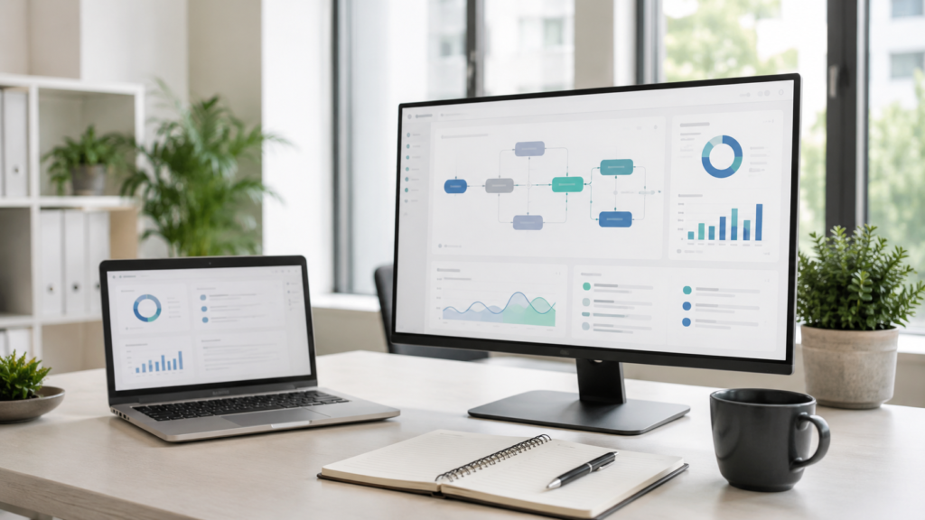 A clean and modern workstation where the screens of a laptop and a large monitor display workflows, data, and analytics.